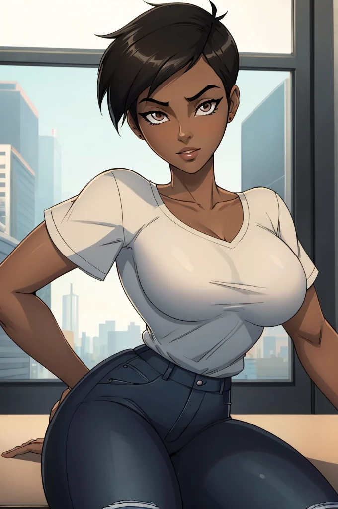 ((ultra quality)), ((masterpiece)), Lois Lane, ((black short hair tomboy hairstyle)), (Beautiful face), (beautiful female lips), (), charming, ((sexy facial expression)), looks at the camera, eyes slightly open, (Dark skin color), (dark skin), glare on the body, ((detailed beautiful female eyes)), ((dark brown eyes)), (juicy female lips), (dark eyeliner), (beautiful female hands), ((ideal female figure)), ideal female body, beautiful waist, gorgeous thighs, beautiful medium breasts, ((subtle and beautiful)), sexy worth (), (White shirt, Black jeans) background: office, ((depth of field)), ((high quality clear image)), (clear details), ((high detail)), realistically, professional photo session, ((Clear Focus)), anime, (flexible), jack-o' challenge, hands on ground, spread legs, facing the audience, ass up, (masterpiece,best quality:1.5)
