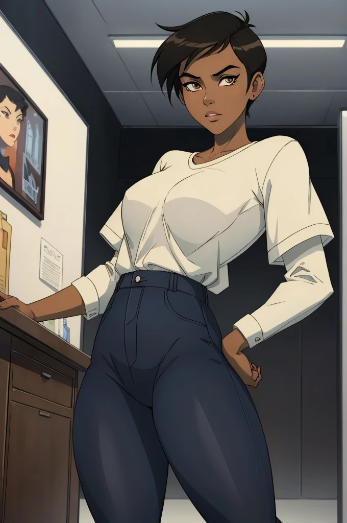 ((ultra quality)), ((masterpiece)), Lois Lane, ((black short hair tomboy hairstyle)), (Beautiful face), (beautiful female lips), (), charming, ((sexy facial expression)), looks at the camera, eyes slightly open, (Dark skin color), (dark skin), glare on the body, ((detailed beautiful female eyes)), ((dark brown eyes)), (juicy female lips), (dark eyeliner), (beautiful female hands), ((ideal female figure)), ideal female body, beautiful waist, gorgeous thighs, beautiful medium breasts, ((subtle and beautiful)), sexy worth (), (White shirt, Black jeans) background: office, ((depth of field)), ((high quality clear image)), (clear details), ((high detail)), realistically, professional photo session, ((Clear Focus)), anime, (flexible), jack-o' challenge, hands on ground, spread legs, facing the audience, ass up, (masterpiece,best quality:1.5)
