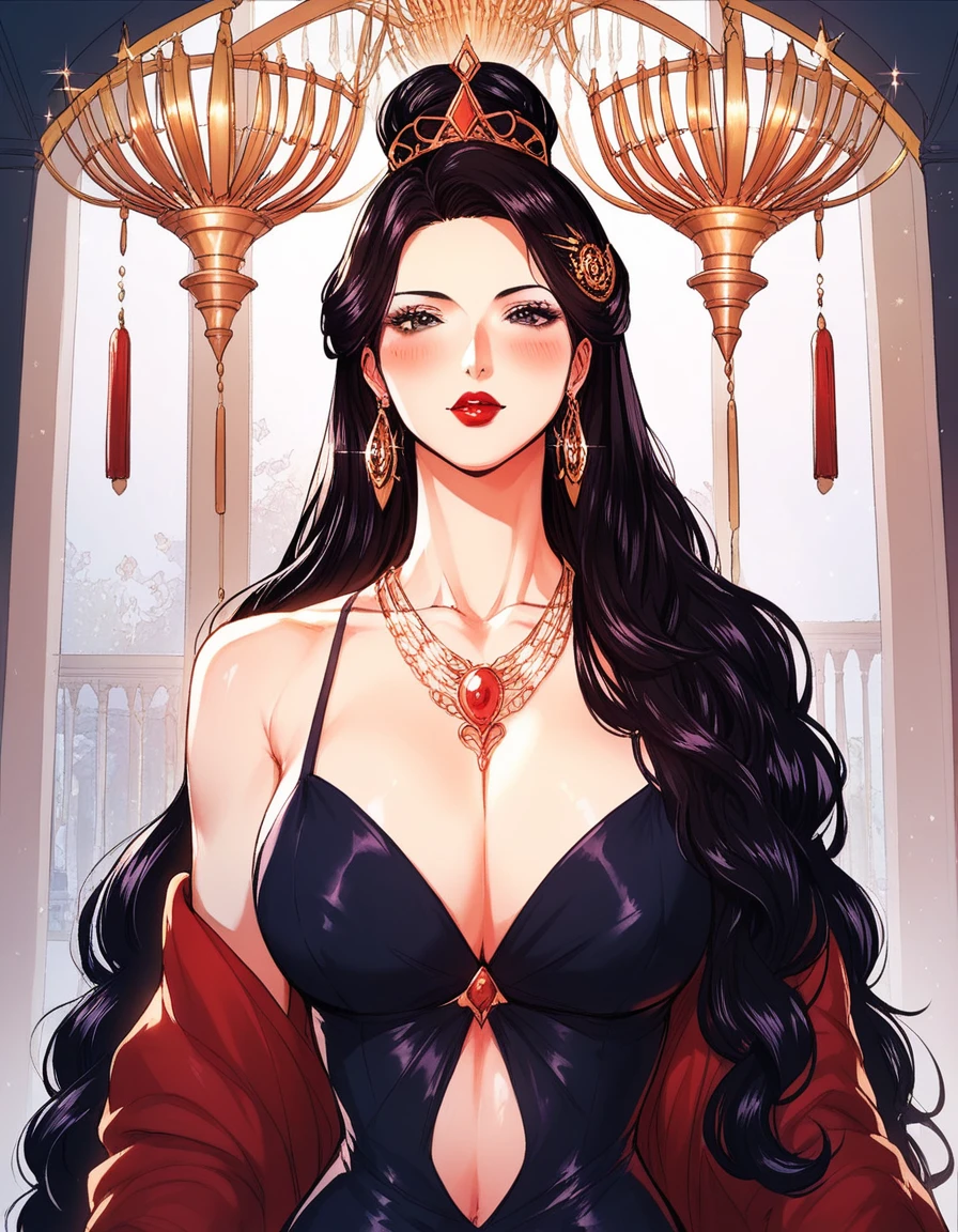 Hot sexy beautiful milf empress of kingdom, big heavy long chandelier earrings,black hair,free long hair,blush,black eyes,1 girl, necklace ,one hair bun,hair brochure, lipstick, traditional multiple chandelier necklace, bangles,queen traditional accessories,rings,furry coat,queens crown,hair pins, queens traditional jewellery ,long gown