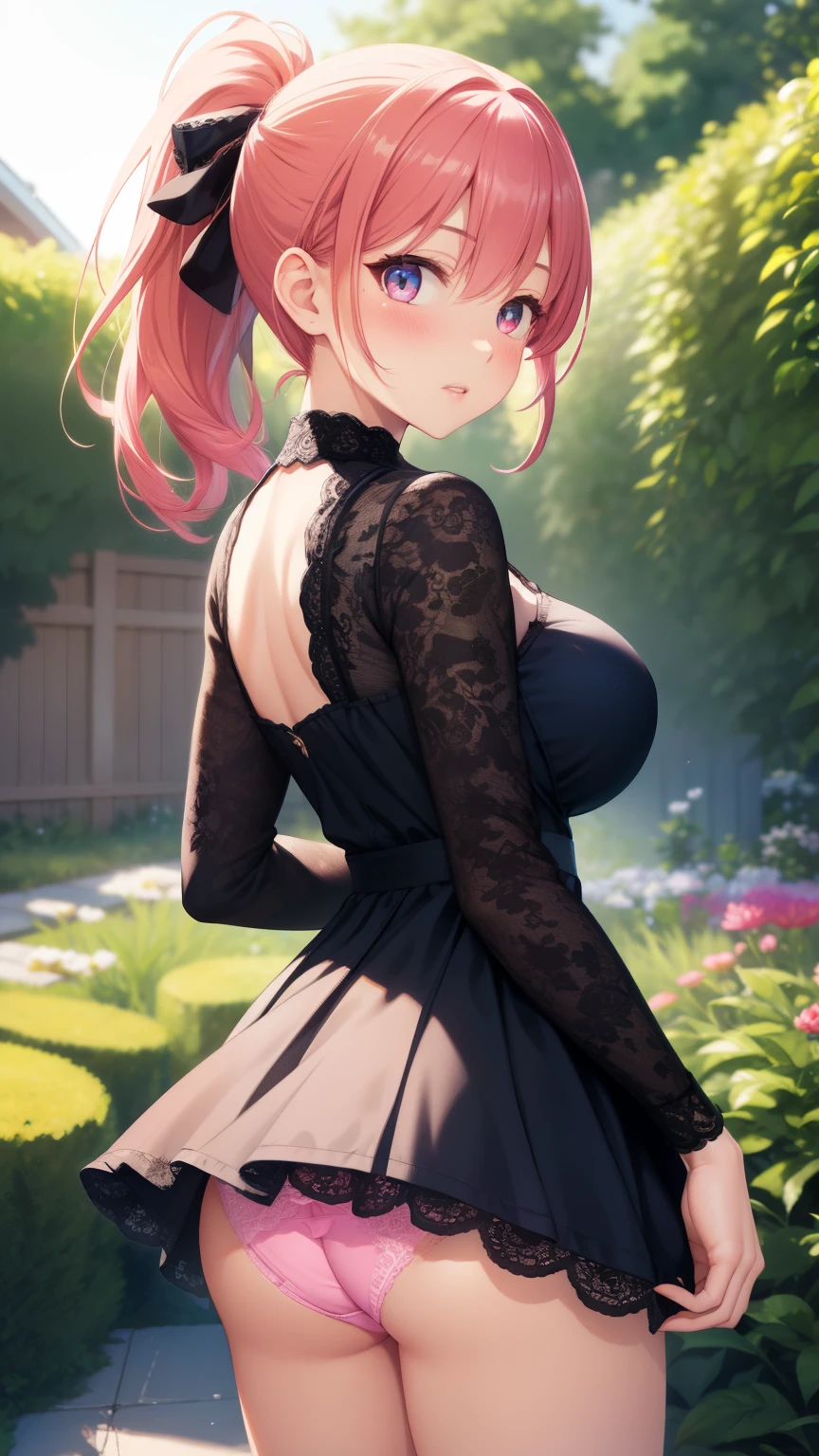 1girl, natural lighting, masterpiece, highly detailed, illustration, game CG, absurdres, high quality, aichan, large breasts, beautiful detailed eyes, medium bright pink hair, ponytail, bangs, glossy lips, blush, garden, minidress, lace panties, from behind, looking back at viewer