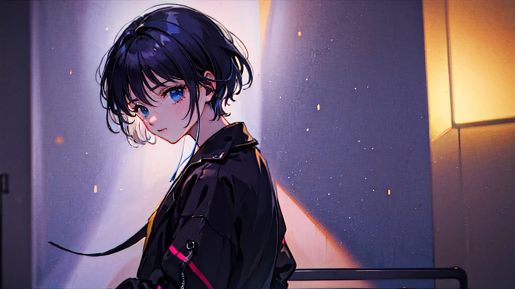 Black short Hair, night, black jacket, Girl looking to the side、 Headphone, cyber punk city, Delicate background、Masterpiece