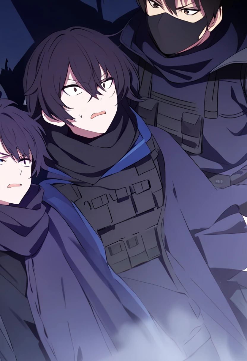 Anime male, black messy hair, white eyes, black mask, black hoodie, black long scarf, black cloak, tactical vest, black pants, black shirt, serious face expression, (best quality), Tactical outfit