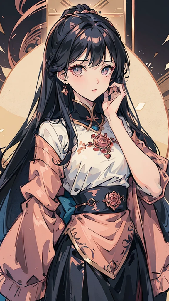 Woman , long hair, long dark blue hair, hime cut hairstyle, hime cut hairstyle, rose gold eyes, rose gold eyes, FOV, f1.8, masterpiece, front portrait shot, black and rose gold casual clothing, plain rose gold colored background, neutral expression, front full bangs, siren eyes, cat-shaped eyes