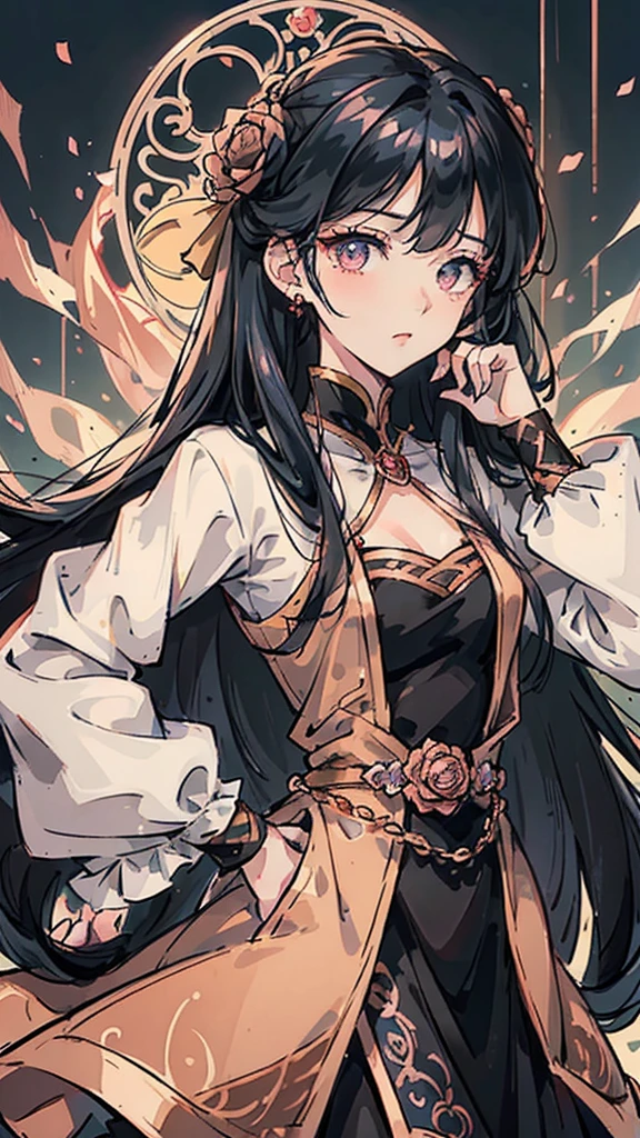 Woman , long hair, long dark blue hair, hime cut hairstyle, hime cut hairstyle, rose gold eyes, rose gold eyes, FOV, f1.8, masterpiece, front portrait shot, black and rose gold casual clothing, plain rose gold colored background, neutral expression, front full bangs, siren eyes, cat-shaped eyes
