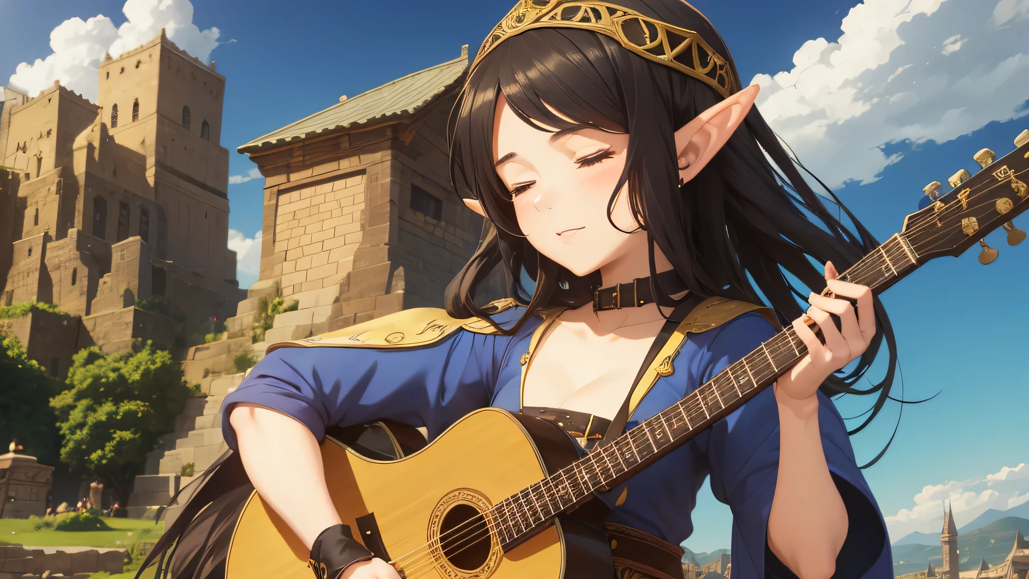 Anime Style,The medieval world,A lively bar with many people,Beautiful sky,Beautiful bard elf girl with closed eyes,guitar