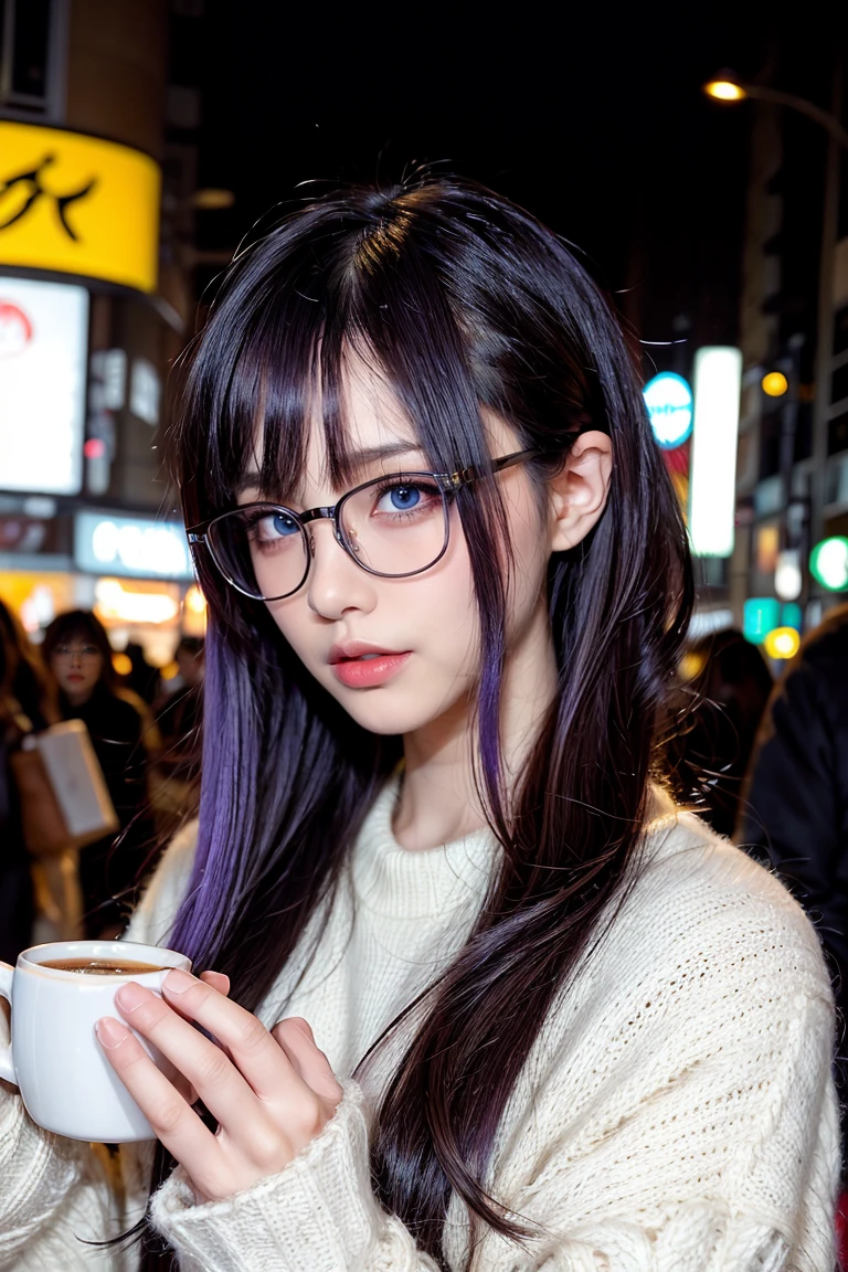 1 girl, purple hair, beautiful hair, blue eyes, make up, perfect face, perfect body, winter, tokyo, night, coffee, glasses, wolf cut hairstyle