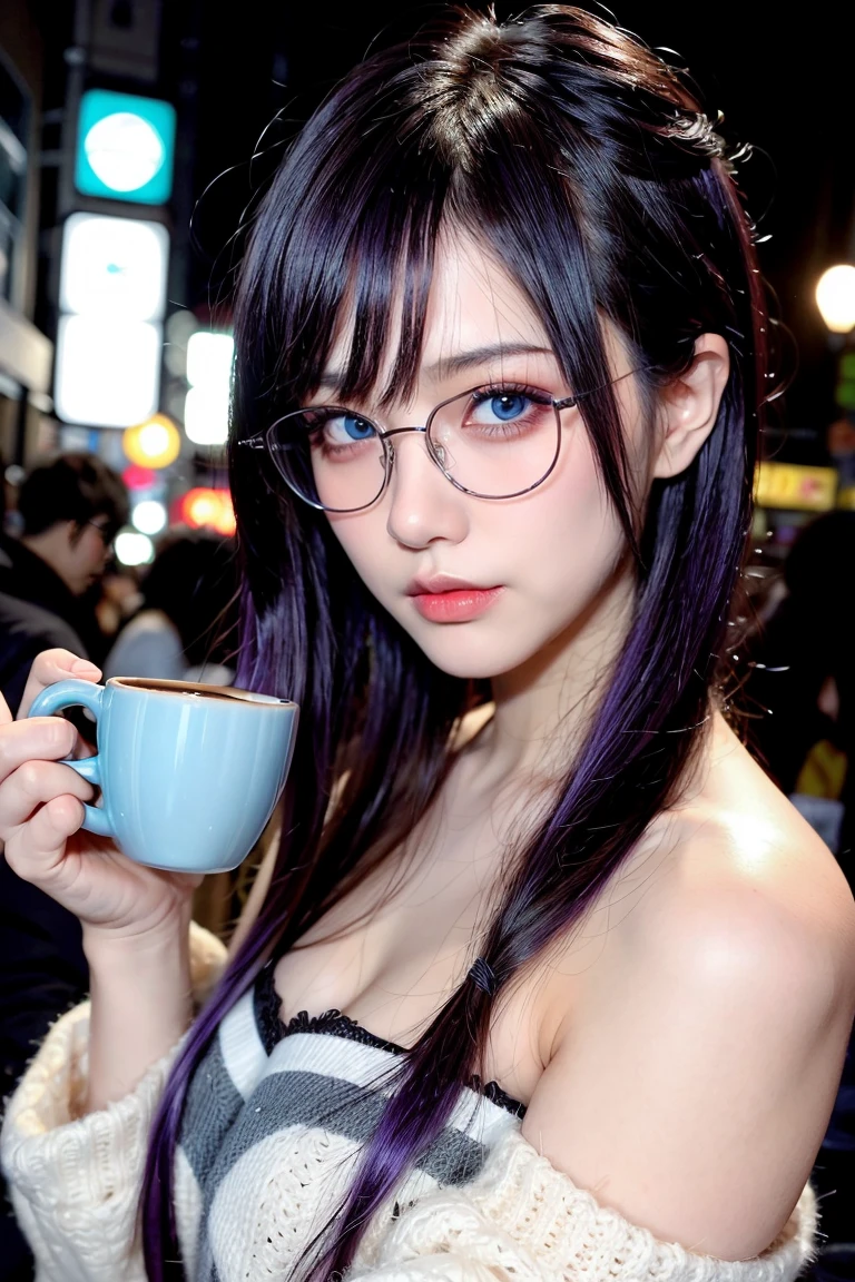 1 girl, purple hair, beautiful hair, blue eyes, make up, perfect face, perfect body, winter, tokyo, night, coffee, glasses, wolf cut hairstyle