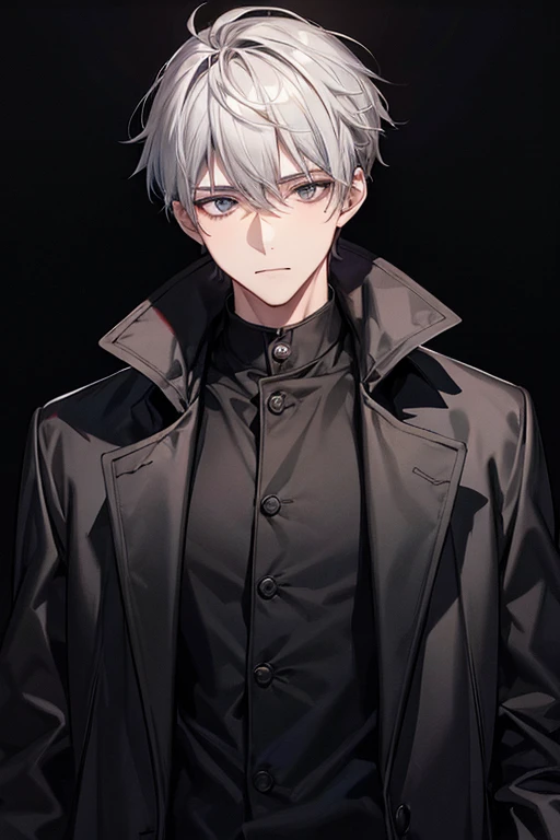 masterpiece, best quality, face detail, alone, male, gray hair, black eye, black coat, black shirt, 24-year-old boy, black background