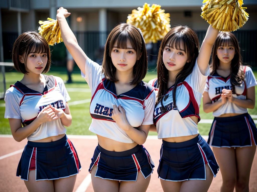 (RAW photo, 4k, masterpiece, high resolution, extremely complex) (realistic: 1.4), cinematic lighting
 ((2 girls, 2 schoolgirls)),blushing,((innocent)),bright eyes,round eyes,blunt bangs,(short bob hair:1.3),black hair,large breasts,wide hips,Summer Noon, ,Hot, (Best Quality), (Highres), (an Extremely Delicate and Beautiful),(Beautiful 8k face),(Brown eyes),( spectators),(gigantic breasts),(Play with each other,Touching each other's bodies,Touching the body),(cheer girl:1.5),(a miniskirt),(reality),bright lighting,(The background is a luxury hotel room)