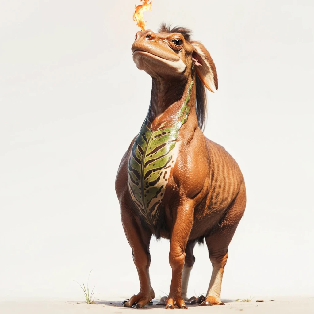 Small Animaly, (tall animal), has reds and silver stripes on his skin, his body is shaped like a mammoth but his face is like a frog and a fire, Grassroots background