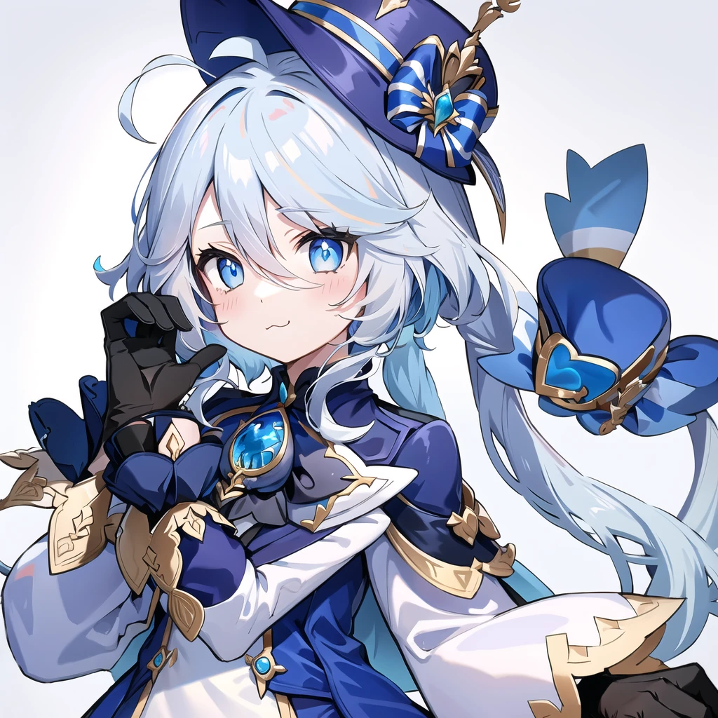 furina, One girl, alone, Long Hair, View your viewers, blush, blue eyes, Simple Background, gloves, Long sleeve, Have, White Background, jewelry, :3, Blue Hair, Jacket, Upper Body, Ahoge, Gray Hair, heart, Striped Hair, Symbol-shaped pupil, blue Jacket, brooch, Blue hat, top Have