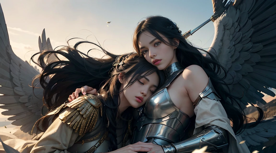 Wide-angle, full-length, a (stunningly beautiful Valkyrie) holding a sleeping male soldier dressed in modern war-gear in her arms, flying into Valhalla, after (glorious combat, epic), incredible, awe, beautiful, highly detailed, well drawn face features, highest quality, divine, prismatic analogous colors, dynamic composition, delicate, cinematic lighting, sublime, striking scene, sharp and crisp image, ultra realistic, (petals in the air)