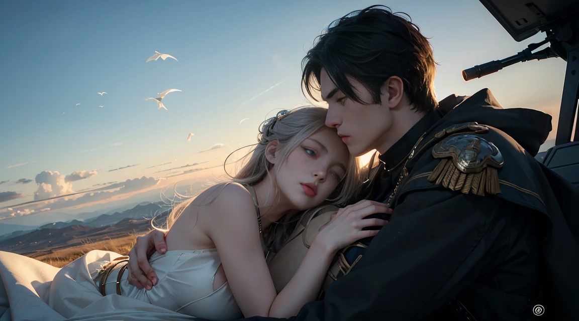 Wide-angle, full-length, a (stunningly beautiful Valkyrie) holding a sleeping male soldier dressed in modern war-gear in her arms, flying into Valhalla, after (glorious combat, epic), incredible, awe, beautiful, highly detailed, well drawn face features, highest quality, divine, prismatic analogous colors, dynamic composition, delicate, cinematic lighting, sublime, striking scene, sharp and crisp image, ultra realistic, (petals in the air)