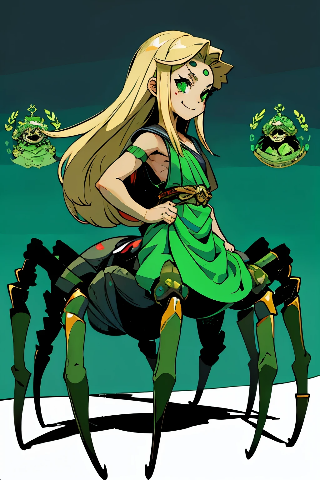 1girl, young, , 6 years i, komusume, flat chest, blonde long hair, green clothes, green eyes, innocent expresion, smiling, arachnid style, spider body, background filled fumes, Tartarus scenery, in Tartarus, surrounded by giant greek columns, greek scenery and furniture, main character, hades style, Arachne, spider legs coming from her back