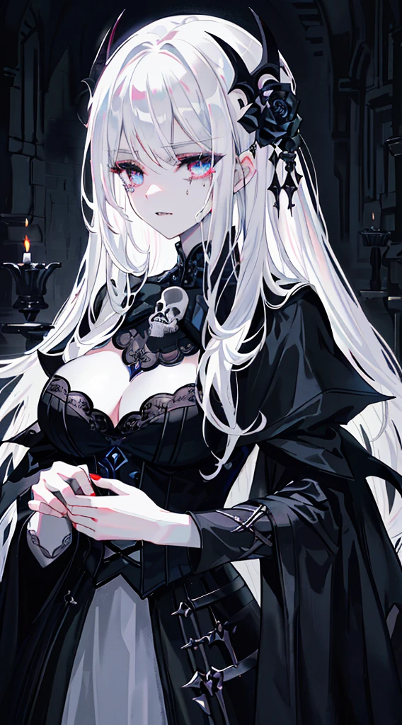 （the masterpiece，Best quality）， solo，Gray-haired woman holding a candle，anime skull portrait woman,handsome necromancer girl，Beautiful necromancer girl，，smoky, flowing white hair，Stern eyes，pale skin，black eye shadow，Black Blood and Tears，Two fangs exposed，Gothic Shoujo Anime Characters，handsome necromancer，gothic fantasy art，dark fantasy art, White-haired god,Retrato de um The Necromancer Woman，The Necromancer Woman，Goddess of death，gloomy gloomy lighting，with glowing light，mystical，magic，The edge is illuminated