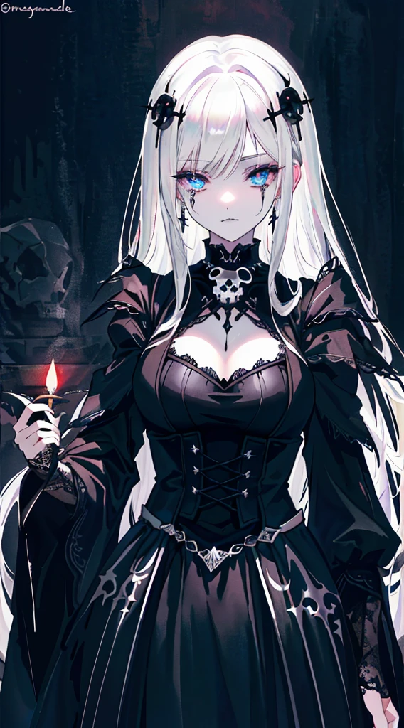 （the masterpiece，Best quality）， solo，Gray-haired woman holding a candle，anime skull portrait woman,handsome necromancer girl，Beautiful necromancer girl，，smoky, flowing white hair，Stern eyes，pale skin，black eye shadow，Black Blood and Tears，Two fangs exposed，Gothic Shoujo Anime Characters，handsome necromancer，gothic fantasy art，dark fantasy art, White-haired god,Retrato de um The Necromancer Woman，The Necromancer Woman，Goddess of death，gloomy gloomy lighting，with glowing light，mystical，magic，The edge is illuminated