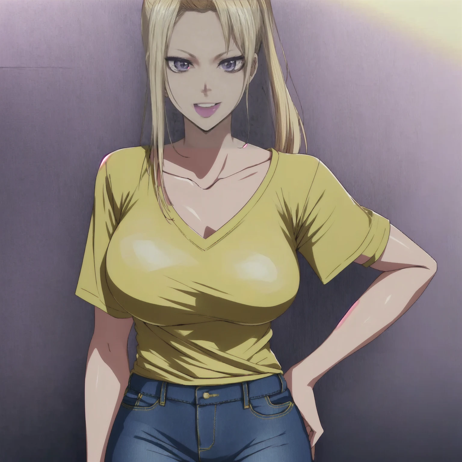 25 year old, single long pony tail blonde hair woman, Caucasian, sexy expression happy, purple color eyes, in yellow v neck t- shirt and blue jeans, large breasts highly detailed, 1080p, sunrise studios anime style