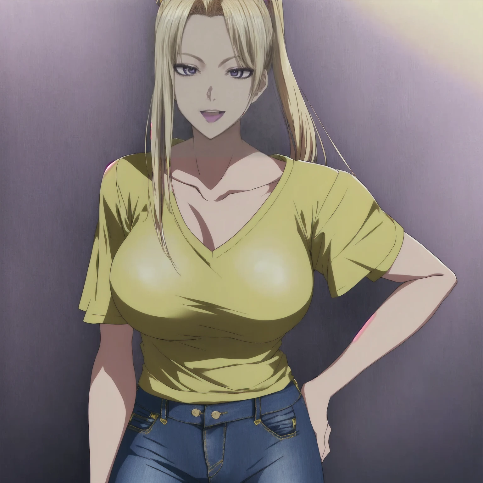 25 year old, single long pony tail blonde hair woman, Caucasian, sexy expression happy, purple color eyes, in yellow v neck t- shirt and blue jeans, large breasts highly detailed, 1080p, sunrise studios anime style