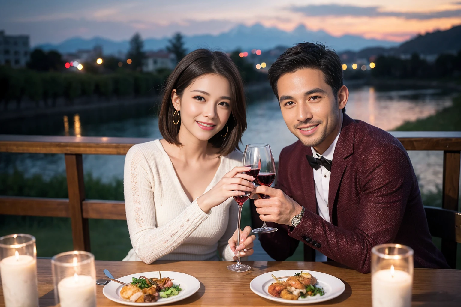((Highest quality、8k、masterpiece:1.3))、 (Genuineistic, Genuine、Bright image、Intricate details:1.2), Best smile 1 man 1 woman、Beautiful Couple、spouse、Couple、spouse、Beautiful Couple、Smile、full-course dinner、 (Slim face), (The body is slim), (Brown Hair), (short hair), テーブルの上のwine glass、Please shine a light on my face、 Amazing view of the sunset sky and clouds、 (Age 44), 41 years old, red wine 、Appetizers、Wine bottle、sparkling wine、Long sleeve shirt、dress、White wine, red wine, wine glass,