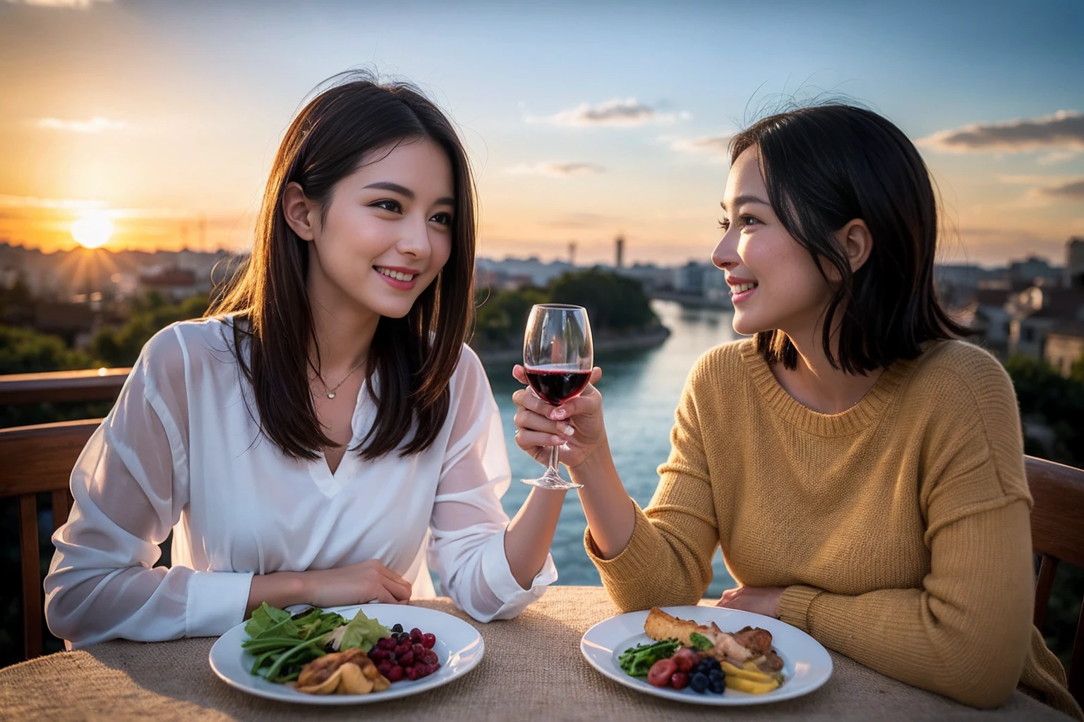 ((Highest quality、8k、masterpiece:1.3))、 (Genuineistic, Genuine、Bright image、Intricate details:1.2), Best smile 1 man 1 woman、Beautiful Couple、spouse、Couple、spouse、Beautiful Couple、Smile、full-course dinner、 (Slim face), (The body is slim), (Brown Hair), (short hair), テーブルの上のwine glass、Please shine a light on my face、 Amazing view of the sunset sky and clouds、 (Age 44), 41 years old, red wine 、Appetizers、Wine bottle、sparkling wine、Long sleeve shirt、dress、White wine, red wine, wine glass,