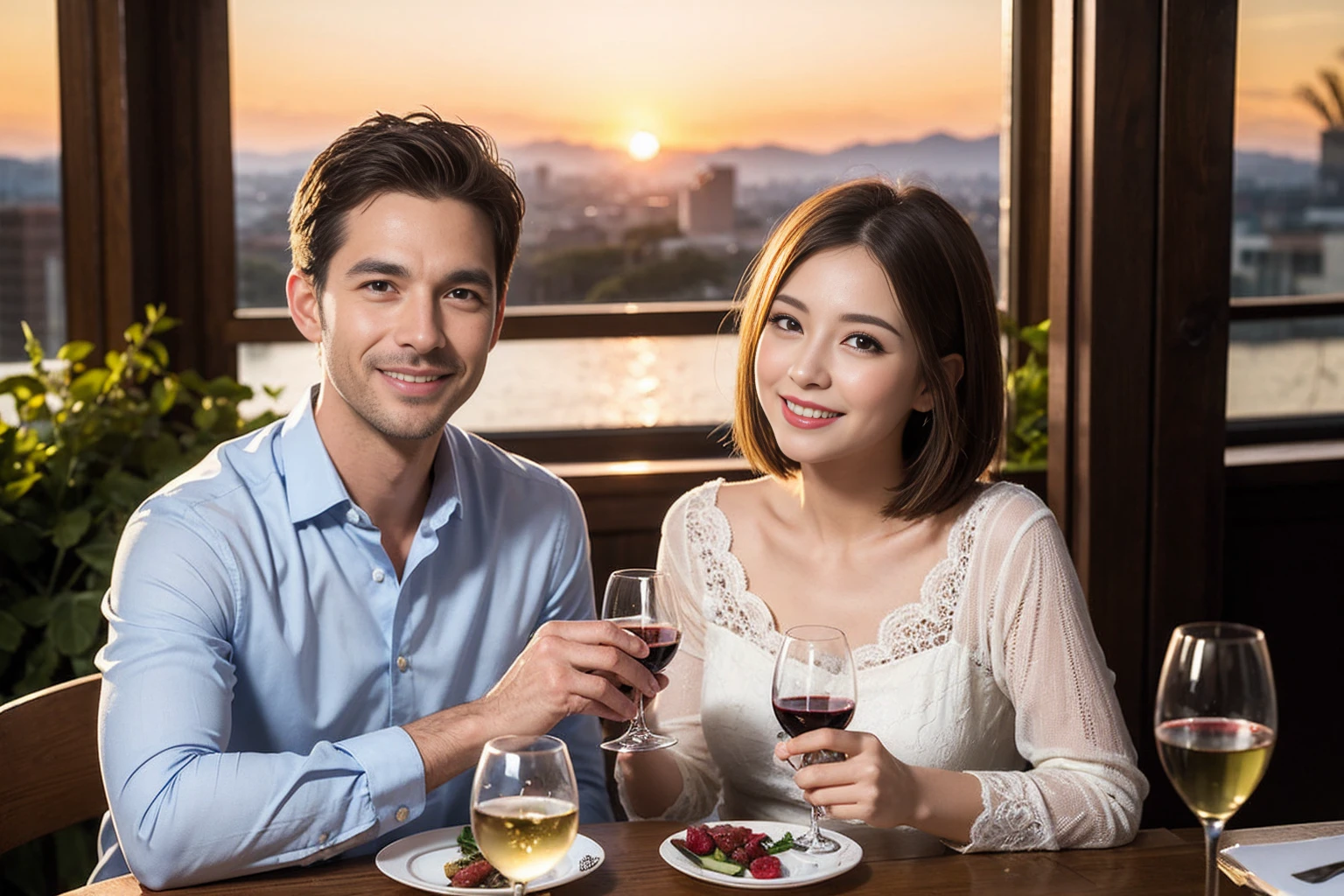 ((Highest quality、8k、masterpiece:1.3))、 (Genuineistic, Genuine、Bright image、Intricate details:1.2), Best smile 1 man 1 woman、Beautiful Couple、spouse、Couple、spouse、Beautiful Couple、Smile、full-course dinner、 (Slim face), (The body is slim), (Brown Hair), (short hair), テーブルの上のwine glass、Please shine a light on my face、 Amazing view of the sunset sky and clouds、 (Age 44), 41 years old, red wine 、Appetizers、Wine bottle、sparkling wine、Long sleeve shirt、dress、White wine, red wine, wine glass,