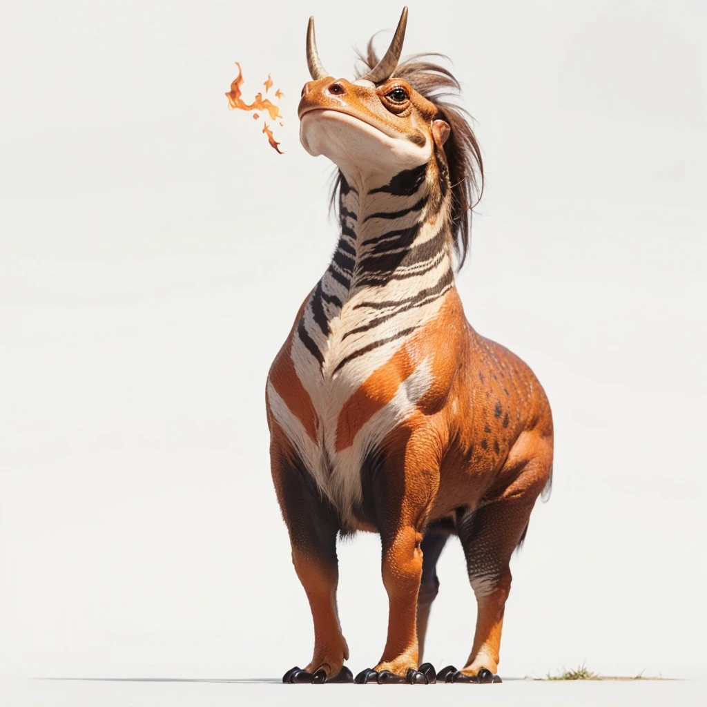 Small Animaly, (tall animal), has reds and silver stripes on his skin, his body is shaped like a mammoth but his face is like a frog and a fire, Grassroots background