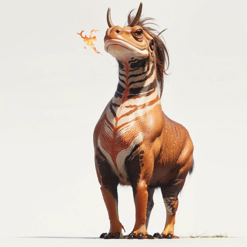 Small Animaly, (tall animal), has reds and silver stripes on his skin, his body is shaped like a mammoth but his face is like a frog and a fire, Grassroots background 