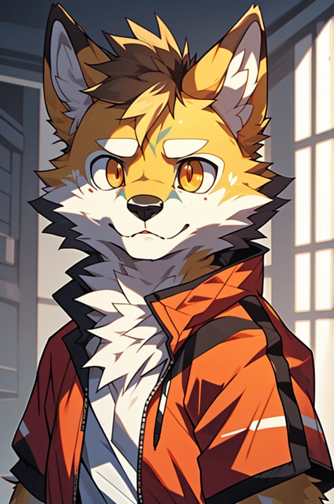 (highest resolution, Dynamic HDR, 4k, full HD) , furry, About 18 years old, yellow fur wolf, yellow body, orange_eyes, Random clothes, arrogant, shrink, upper body, round_cornea ,thin ,sad face