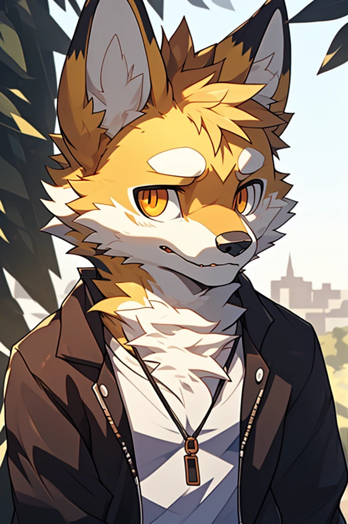(highest resolution, Dynamic HDR, 4k, full HD) , furry, About 18 years old, yellow fur wolf, yellow body, orange_eyes, Random clothes, arrogant, shrink, upper body, round_cornea ,thin ,sad face