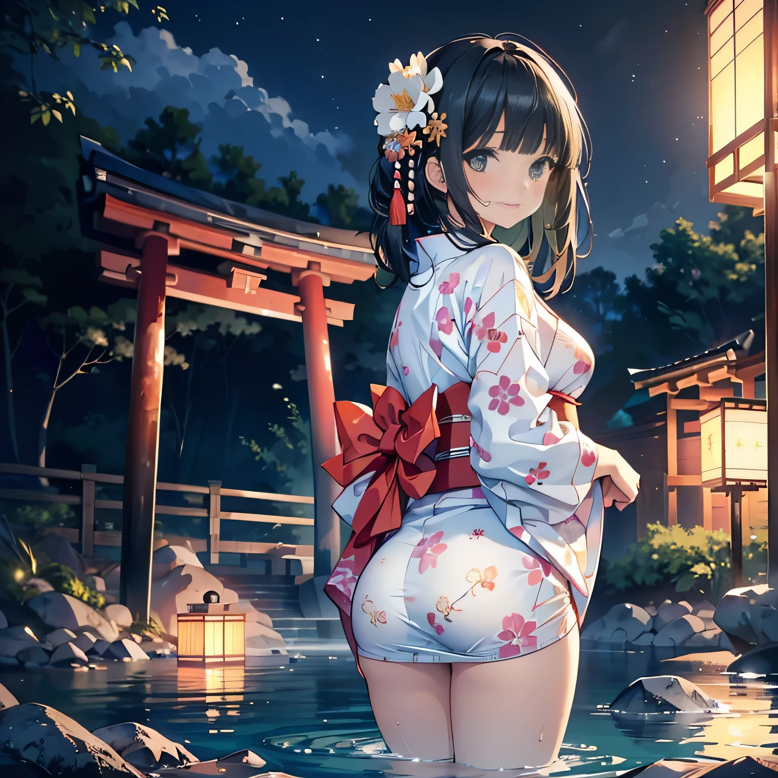 ((panty shot)),((lifting skirt)),((white beautiful panties focus)),Vulgar,low angle,from below, cleavage,(( looking back at the viewer)),
(looking back at the viewer),full body,low angle,from below,♥(japanese flower printed yukata),(bathing in the spa), ((1girl,cute,young,Semi long beautiful black hair,blunt bangs,beautiful green eyes)),(solo),((masterpiece, highest resolution,best quality)), ((realistic:1.5,Beautiful girl RAW photo)), (bathing in the spa),(japanese flower printed yukata),  innocent smile,cinematic lighting,beautiful outside open spa, rocks,natural beauty,full moon,night sky