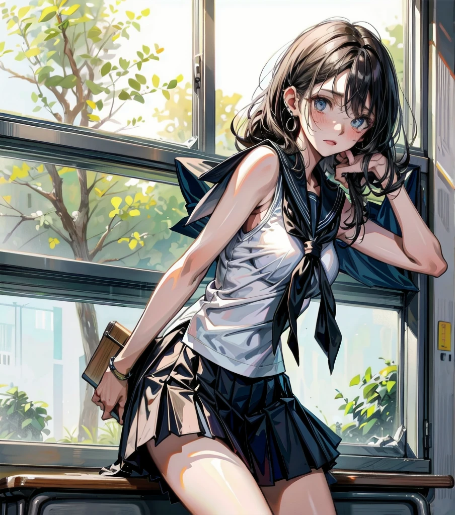 whole body, earring, longer medium hair, medium tits, tearful mole, school_uniform, sailor uniform, sleeveless, school, classroom,