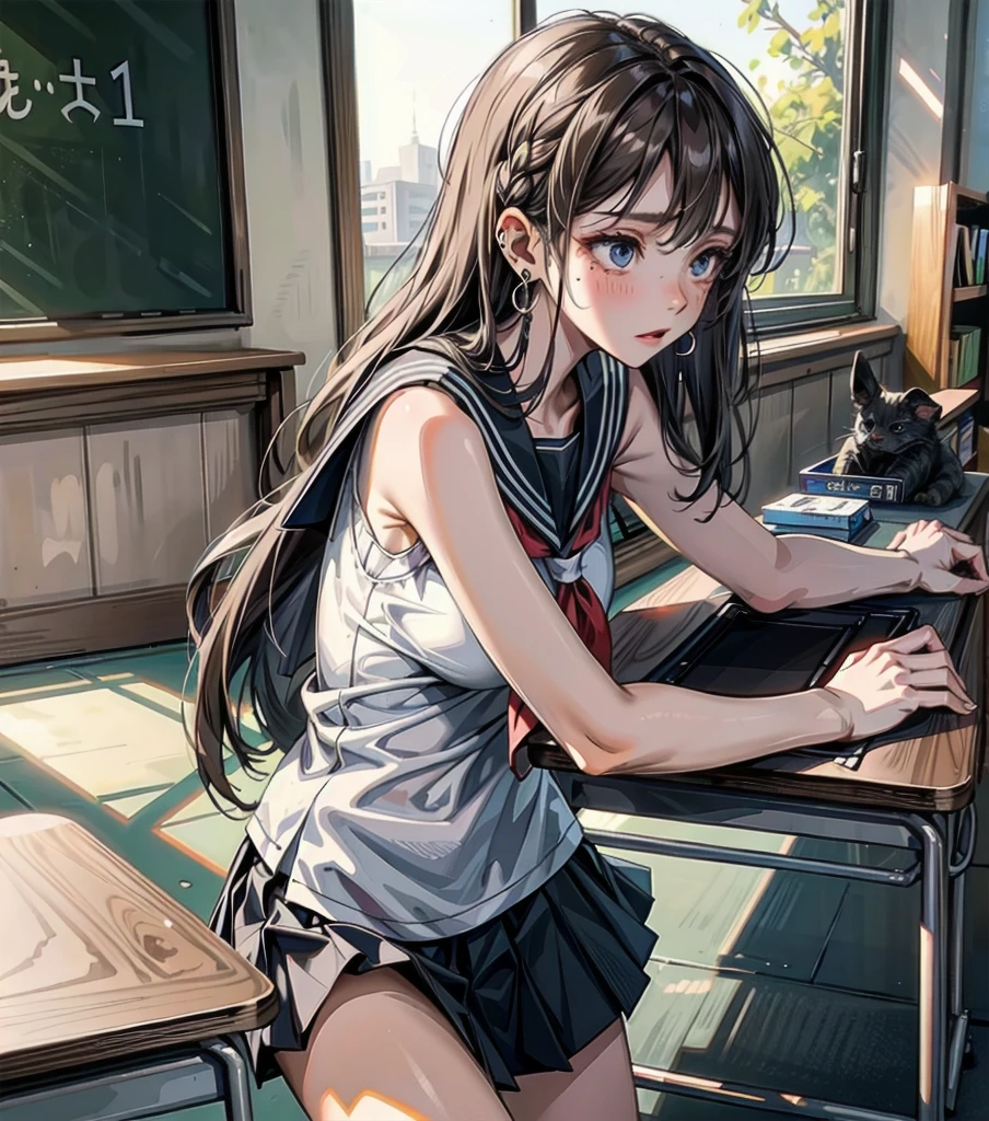 whole body, earring, longer medium hair, medium tits, tearful mole, school_uniform, sailor uniform, sleeveless, school, classroom,