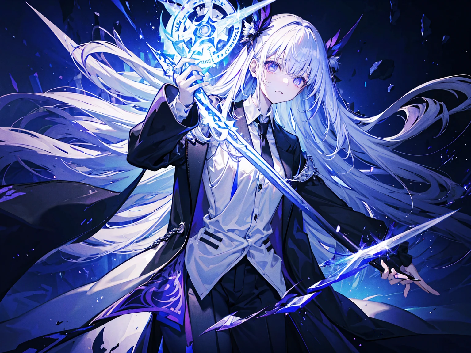 Wearing Darkness、1 personの女の子、White long hair、Purple left eye、blue right eye、wields the sword of darkness、闇のaura、Black Light、Rainbow light、Black long coat、White shirt、Black tie、Long trousers、suit、、1 person、Fantasy、aura、whole body、high resolution、High resolution、Detailed、8k、Many shining swords are stuck in it、cool、Girl、Magic Sword、Magic circle in the background、Scary face、Expressionless、Light comes out of the eyes、Standing in the wilderness with the sword piercing、Cool face、Left hand in pocket、