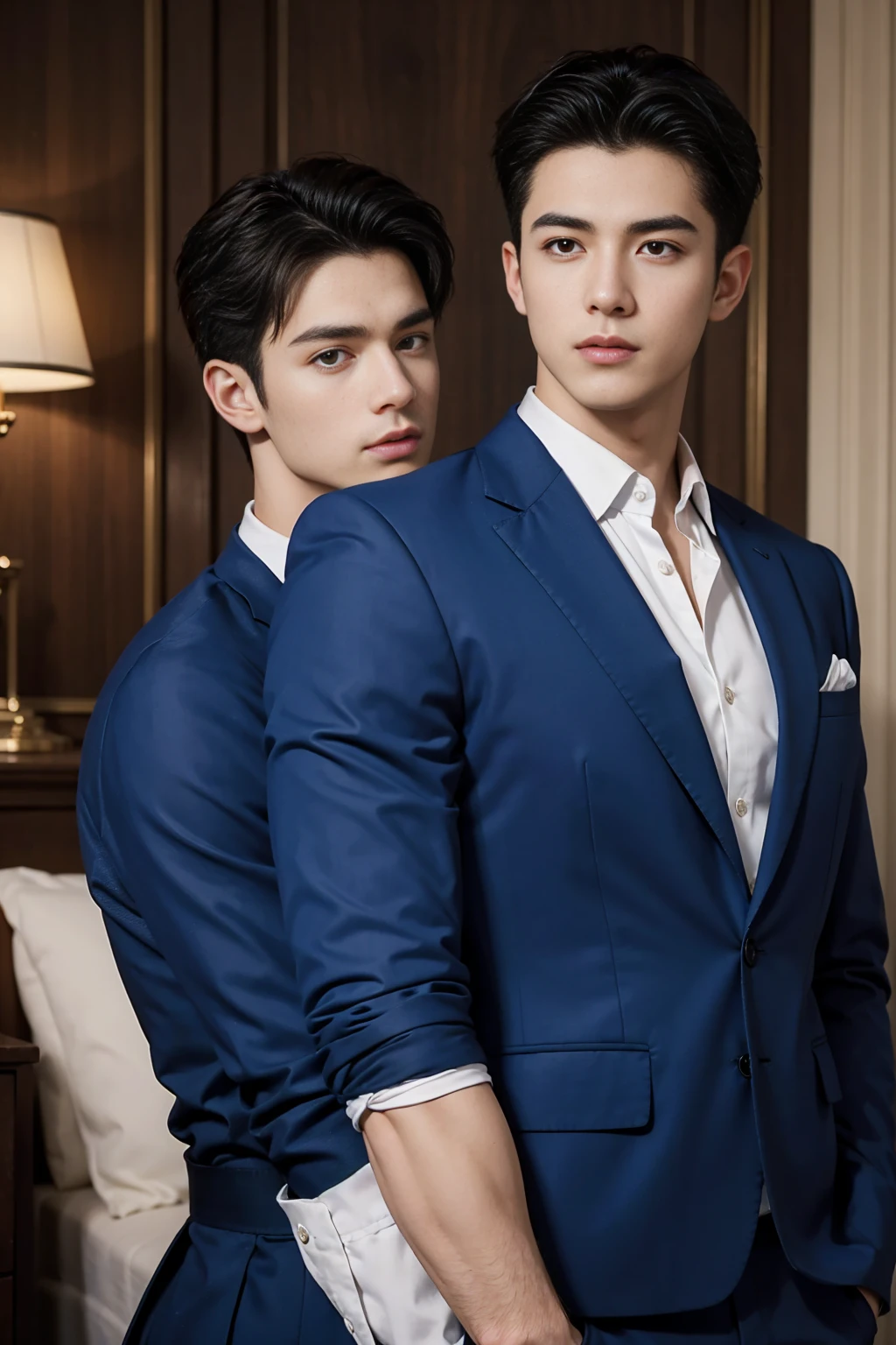 ((masterpiece)),((best quality)),8K,High Detail,Very detailed, Very manly，2 men, like，fashion pose, Real skin texture, Light,
Royal blue style couple