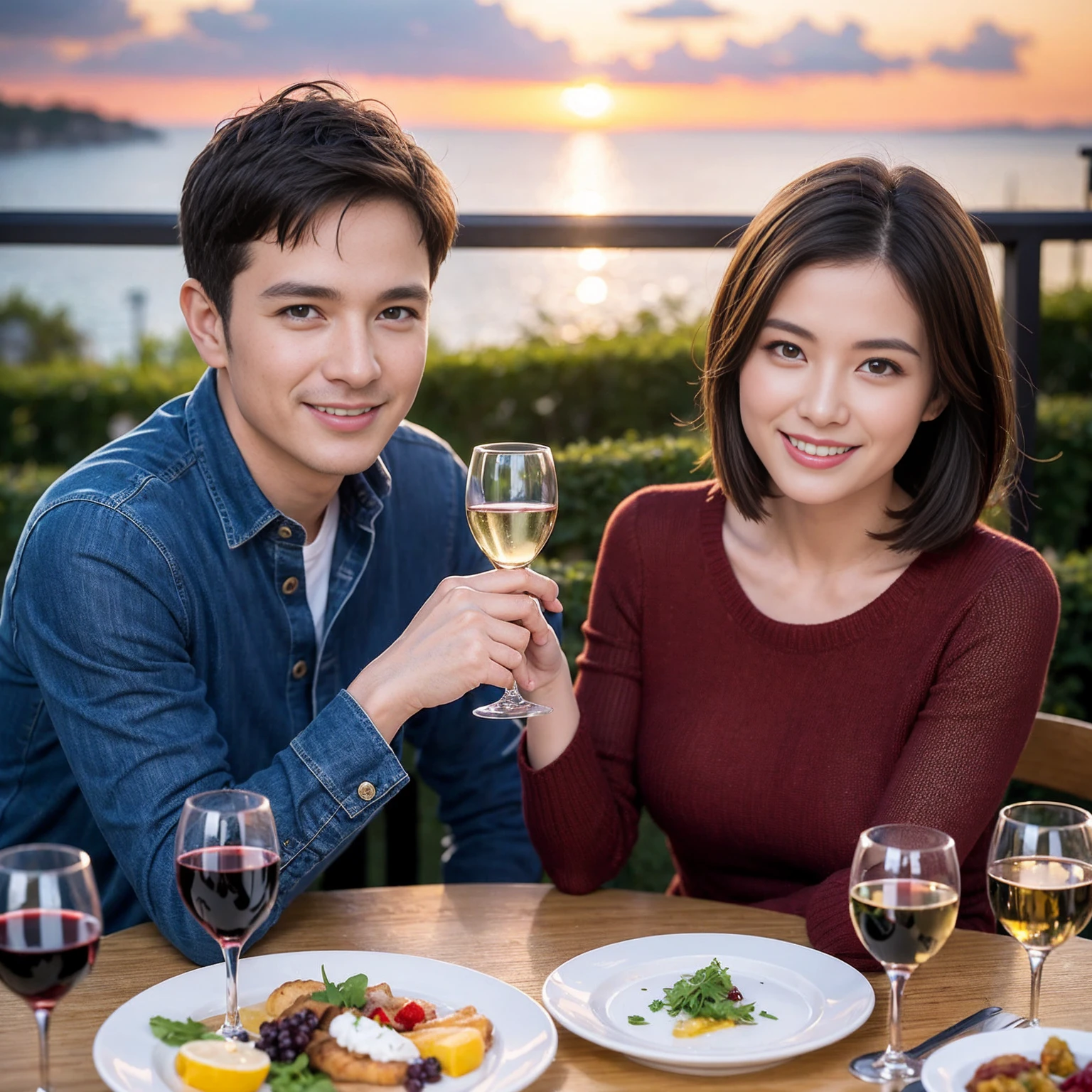 ((Highest quality、8k、masterpiece:1.3))、 (Genuineistic, Genuine、Bright image、Intricate details:1.2), Best smile 1 man 1 woman、Beautiful Couple、spouse、Couple、spouse、Beautiful Couple、Smile、full-course dinner、 (Slim face), (The body is slim), (Brown Hair), (short hair), テーブルの上のwine glass、Please shine a light on my face、 Amazing view of the sunset sky and clouds、 (Age 44), 41 years old, red wine 、Appetizers、Wine bottle、sparkling wine、Long sleeve shirt、dress、White wine, red wine, wine glass,