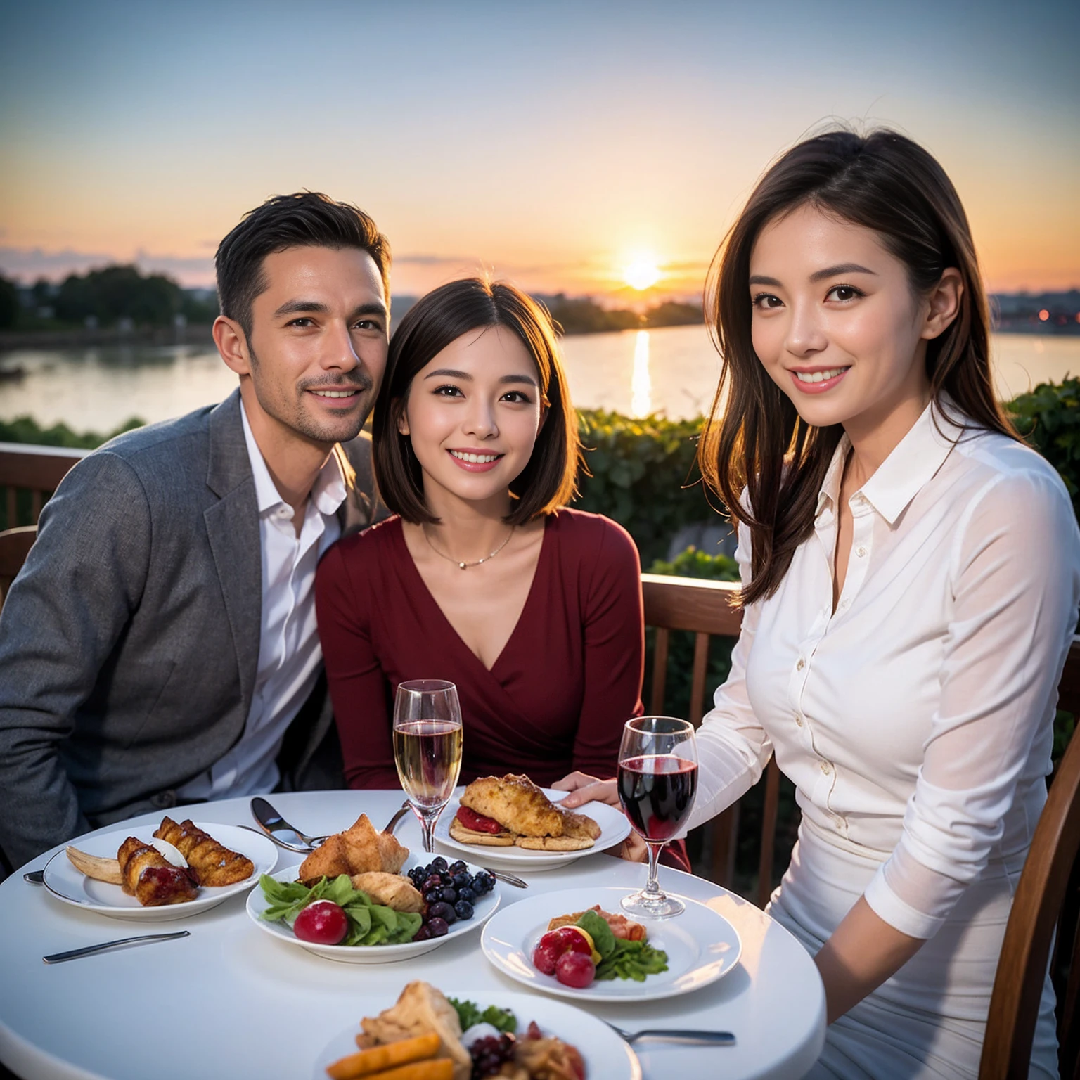 ((Highest quality、8k、masterpiece:1.3))、 (Genuineistic, Genuine、Bright image、Intricate details:1.2), Best smile 1 man 1 woman、Beautiful Couple、spouse、Couple、spouse、Beautiful Couple、Smile、full-course dinner、 (Slim face), (The body is slim), (Brown Hair), (short hair), テーブルの上のwine glass、Please shine a light on my face、 Amazing view of the sunset sky and clouds、 (Age 44), 41 years old, red wine 、Appetizers、Wine bottle、sparkling wine、Long sleeve shirt、dress、White wine, red wine, wine glass, 