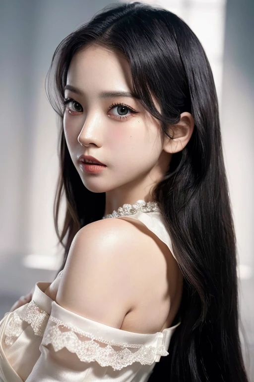 (highest image quality), (masterpiece), (vibrant, photography realistic, Realistic, Dramatic, Dark, Sharp focus, 8K), Highly detailed face and skin texture, detailed wedding dress, ethereal beauty,,black long hair, make up, ((backlight)),(8k, melhor qualidade, master part: 1.2), (Realistic, Realistic: 1.37), seios pequenos, olhos bonitos, Asian girl, Antecedentes detalhados, ((looking at the viewer))