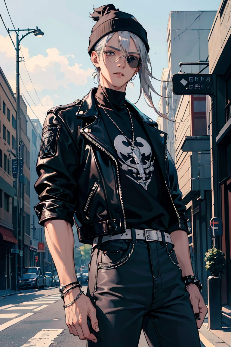 (1 boy), (silver hair), (beautiful almond-shaped gray eyes), cool, nine head proportions, standing, fitted white crew-neck t-shirt, (black leather biker jacket), distressed blue skinny jeans, black high-top sneakers, a black beanie, silver aviator sunglasses, a leather bracelet, a black leather belt, an urban street background, ground level shot,  monochrome background,