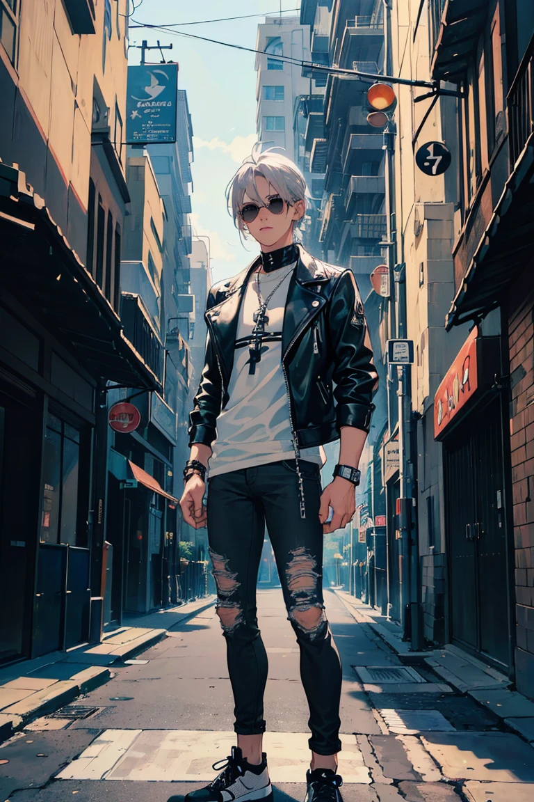 (1 boy), (silver hair), (beautiful almond-shaped gray eyes), cool, nine head proportions, standing, fitted white crew-neck t-shirt, (black leather biker jacket), distressed blue skinny jeans, black high-top sneakers, a black beanie, silver aviator sunglasses, a leather bracelet, a black leather belt, an urban street background, ground level shot,  monochrome background,