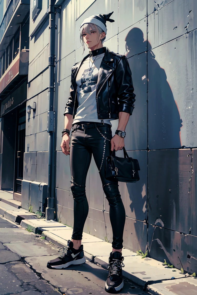 (1 boy), (silver hair), (beautiful almond-shaped gray eyes), cool, nine head proportions, standing, fitted white crew-neck t-shirt, (black leather biker jacket), distressed blue skinny jeans, black high-top sneakers, a black beanie, silver aviator sunglasses, a leather bracelet, a black leather belt, an urban street background, ground level shot,  monochrome background,
