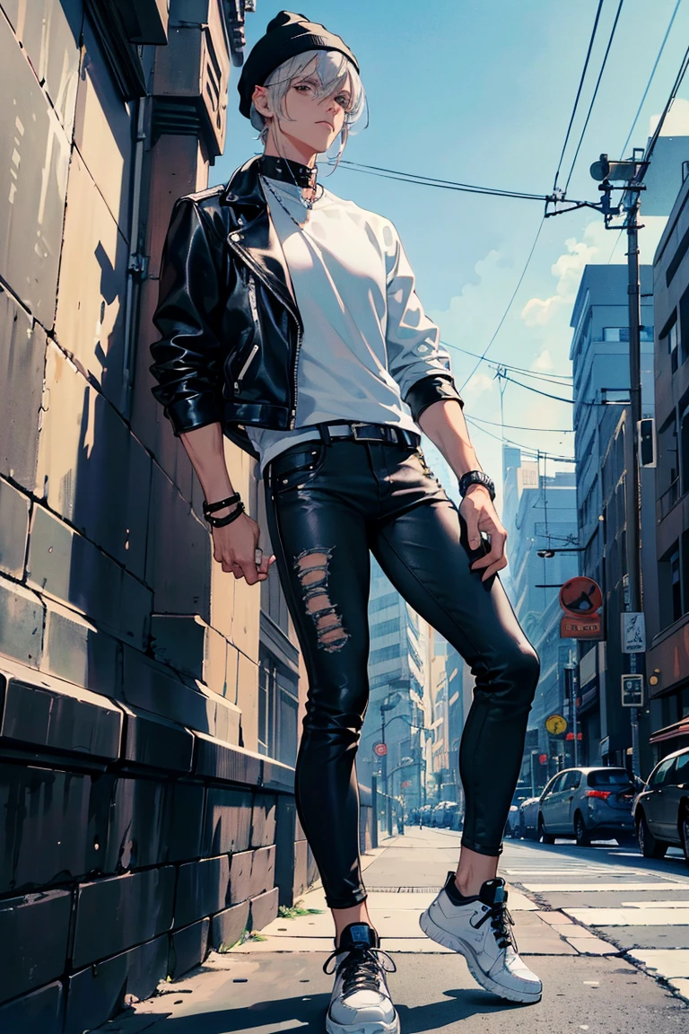 (1 boy), (silver hair), (beautiful almond-shaped gray eyes), cool, nine head proportions, standing, fitted white crew-neck t-shirt, (black leather biker jacket), distressed blue skinny jeans, black high-top sneakers, a black beanie, silver aviator sunglasses, a leather bracelet, a black leather belt, an urban street background, ground level shot,  monochrome background,