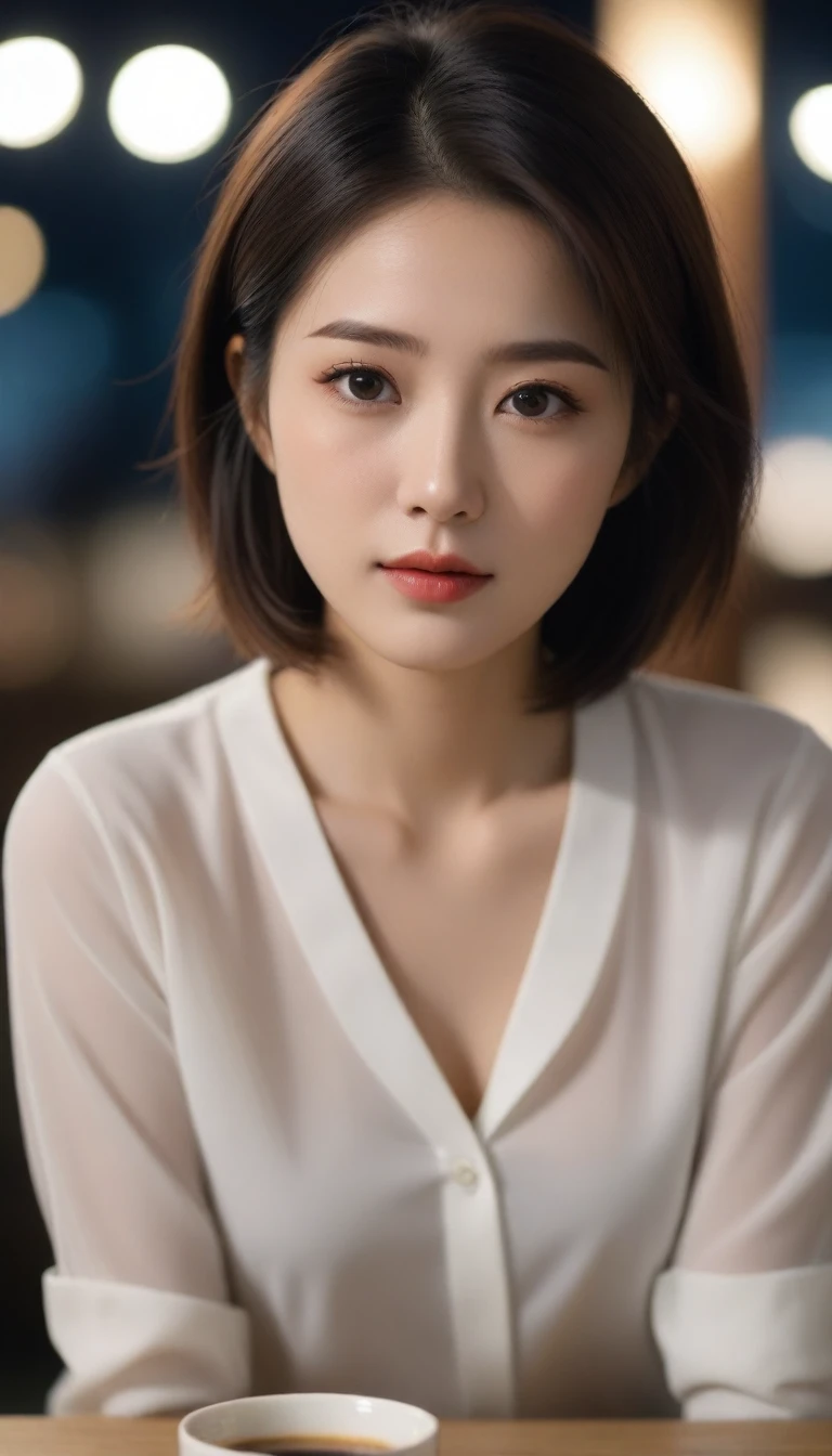A close-up of a beautiful Korean woman, small breast size, wearing a long-sleeved shirt, skirt, Looking straight ahead at the camera, coffee on table indoors, bokeh background, night, short hair front view, UHD