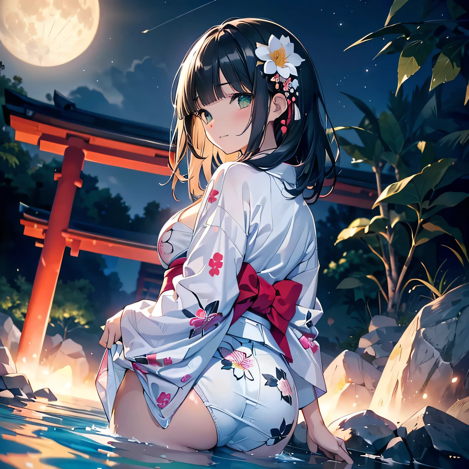 ((panty shot)),((lifting skirt)),((white beautiful panties focus)),Vulgar,low angle,from below, cleavage,(( looking back at the viewer)),
(looking back at the viewer),full body,low angle,from below,♥(japanese flower printed yukata),(bathing in the spa), ((1girl,cute,young,Semi long beautiful black hair,blunt bangs,beautiful green eyes)),(solo),((masterpiece, highest resolution,best quality)), ((realistic:1.5,Beautiful girl RAW photo)), (bathing in the spa),(japanese flower printed yukata), innocent smile,cinematic lighting,beautiful outside open spa, rocks,natural beauty,full moon,night sky