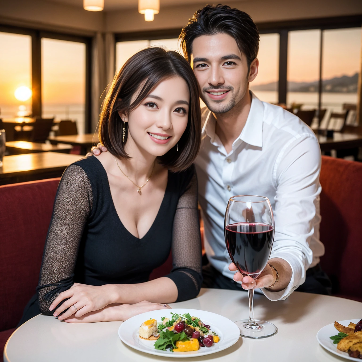 ((Highest quality、8k、masterpiece:1.3))、 (Genuineistic, Genuine、Bright image、Intricate details:1.2), Best smile 1 man 1 woman、Beautiful Couple、spouse、Couple、spouse、Beautiful Couple、Smile、full-course dinner、 (Slim face), (The body is slim), (Brown Hair), (short hair), テーブルの上のwine glass、Please shine a light on my face、 Amazing view of the sunset sky and clouds、 (Age 44), 41 years old, red wine 、Appetizers、Wine bottle、sparkling wine、Long sleeve shirt、dress、White wine, red wine, wine glass,