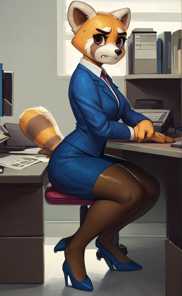 [retsuko], [aggretsuko], [Uploaded to e621.net; (Pixelsketcher), (wamudraws)], ((masterpiece)), ((HD)), ((solo portrait)), ((side view)), ((furry; anthro)), ((detailed fur)), ((detailed shading)), ((beautiful render art)), ((intricate details)), {anthro; orange fur, black nose, small brown eyebrows, cute brown eyes, (short eyelashes), raccoon tail, (gorgeous hips), (beautiful legs), (beautiful feet), (sweating), (frown), (clenching teeth)}, {(office woman), (blue blazer sweater), (short blue pencil skirt), (opaque pantyhose), (blue heels)}, {(sitting in a dildo office chair), (legs crossed), (looking at viewer)}, [background; (cubicles), (white walls), (window), (blue sky), (sun rays)]