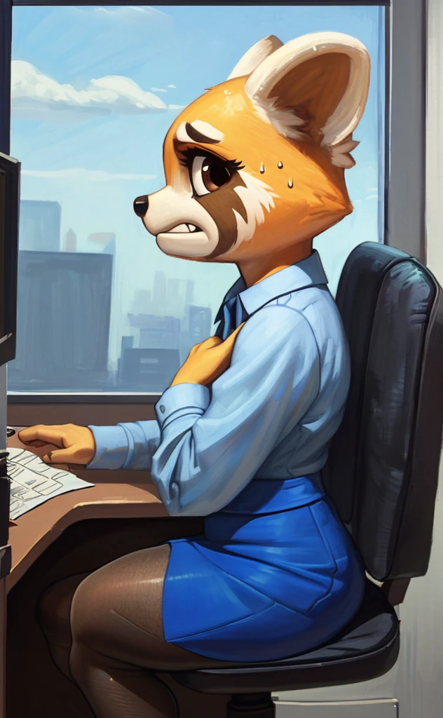 [retsuko], [aggretsuko], [Uploaded to e621.net; (Pixelsketcher), (wamudraws)], ((masterpiece)), ((HD)), ((solo portrait)), ((side view)), ((furry; anthro)), ((detailed fur)), ((detailed shading)), ((beautiful render art)), ((intricate details)), {anthro; orange fur, black nose, small brown eyebrows, cute brown eyes, (short eyelashes), raccoon tail, (gorgeous hips), (beautiful legs), (beautiful feet), (sweating), (frown), (clenching teeth)}, {(office woman), (blue blazer sweater), (short blue pencil skirt), (opaque pantyhose), (blue heels)}, {(sitting in a dildo office chair), (legs crossed), (looking at viewer)}, [background; (cubicles), (white walls), (window), (blue sky), (sun rays)]