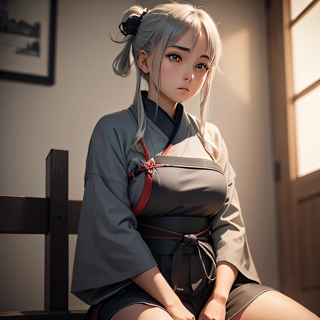 A grey-haired girl sitting upright in a kendo uniform
