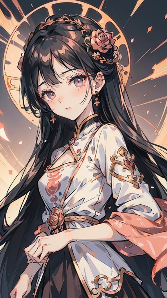 Woman , long hair, long dark blue hair, hime cut hairstyle, hime cut hairstyle, rose gold eyes, rose gold eyes, FOV, f1.8, masterpiece, front portrait shot, black and rose gold casual clothing, plain rose gold colored background, neutral expression, front full bangs, siren eyes, cat-shaped eyes
