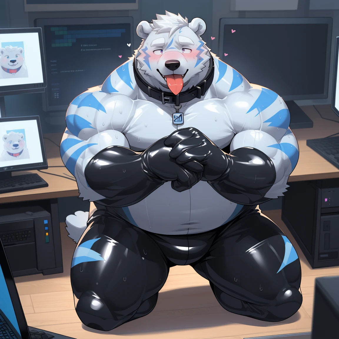 masterpiece, best quality, 8k resolution, Very detailed, hairy，(((polar bear))，(((Mature)))，(((beard))),(((Strong)))，(((White hair all over body)))，portrait，(((White hair)))，(((body blue stripes)))，(((Room)))，For the audience，(((Black tight rubber suit)))，Highest quality scene，Solitary，solitary，(((whole body)))，(((Sweating)))，(((Kneeling)))，(((in front of computer desk)))，(((Shirtless)))，((Fat-enclosed muscle))，(((Shameful)))，((Blushing))，(((Round face)))，(((alone)))，((collar))，(((Strong body)))，(((Hip bulge))),(((Tongue out)))，(((Computer screen chat box)))