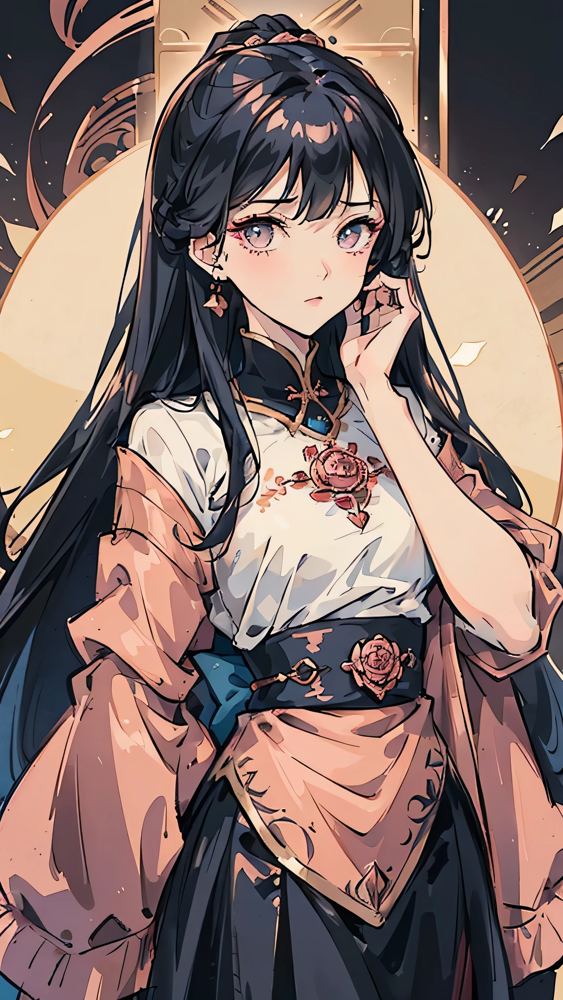 Woman , long hair, long dark blue hair, hime cut hairstyle, hime cut hairstyle, rose gold eyes, rose gold eyes, FOV, f1.8, masterpiece, front portrait shot, black and rose gold casual clothing, plain rose gold colored background, neutral expression, front full bangs, siren eyes, cat-shaped eyes